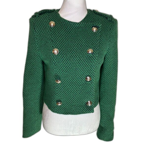 Zara Green Tweed Cropped Blogger Button Up Long Sleeve Sweater Womens Designer - Picture 1 of 7